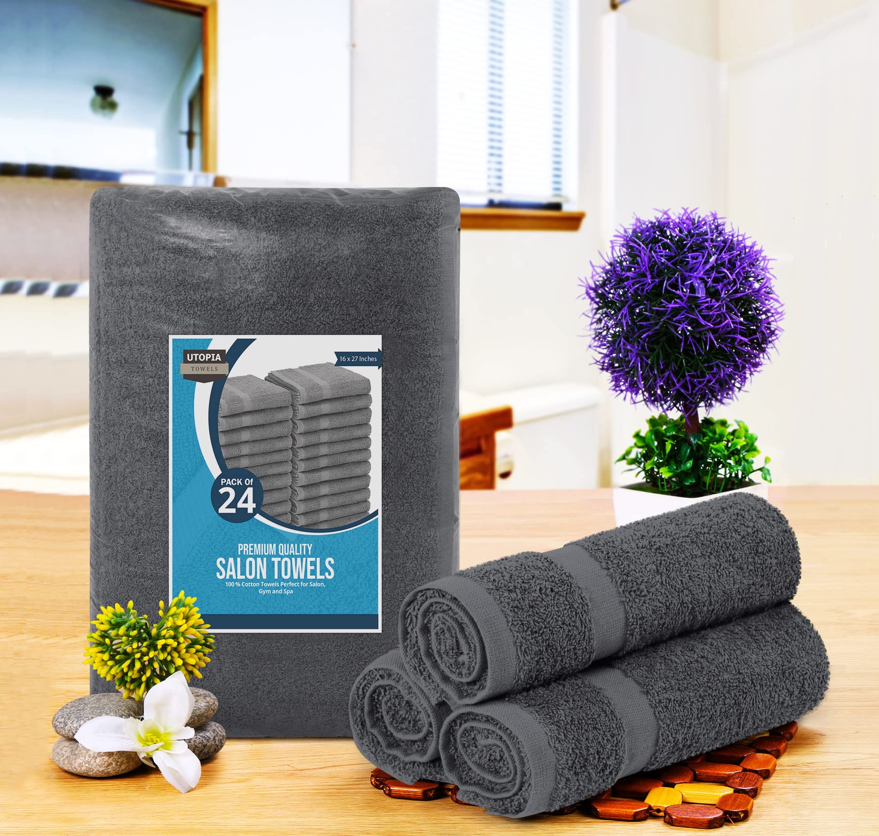 Utopia Towels Grey Salon Towels, Pack of 24 (Not Bleach Proof, 16 x 27 Inches) Highly Absorbent Towels for Hand, Gym, Beauty, Hair, Spa