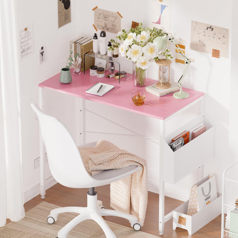 PAMRAY 80x40cm Computer Desk for Small Spaces with Storage Bag, Home Office Work Desk with Headphone Hook, Small Office Study Writing Table, Pink