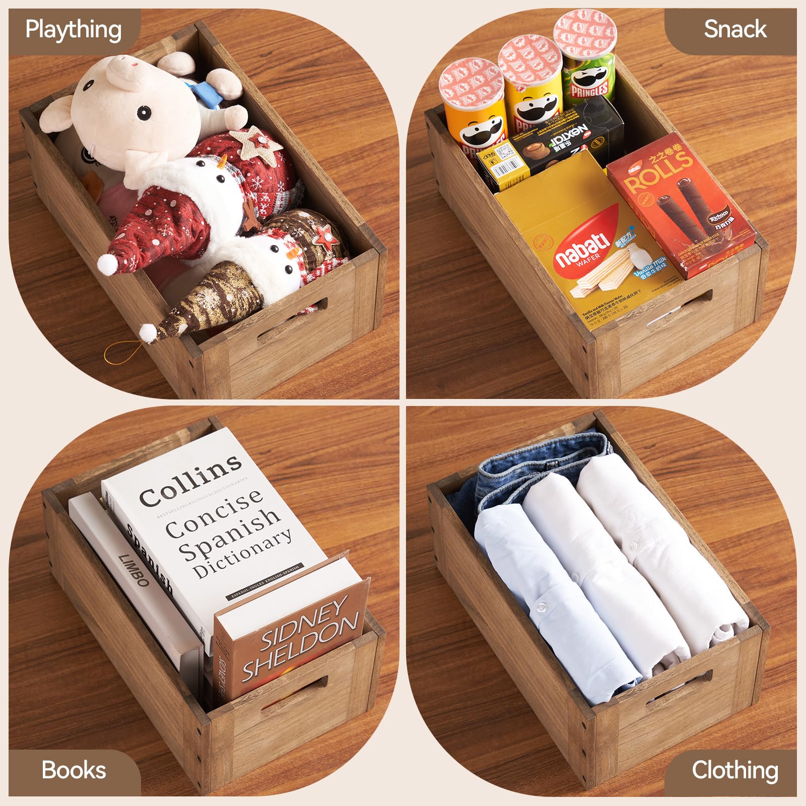 KIRIGEN Stackable Wooden Storage Cube with Handles, Brown