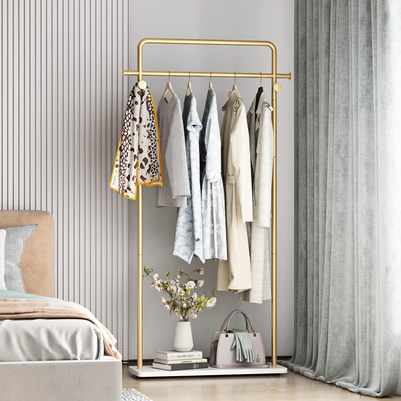 TIEOU Gold Clothes Rack With Shelf, Clothing Racks for Boutiques, Free-Standing Garment Rack for Hanging Clothes, Small Metal Coat Rack Heavy Duty
