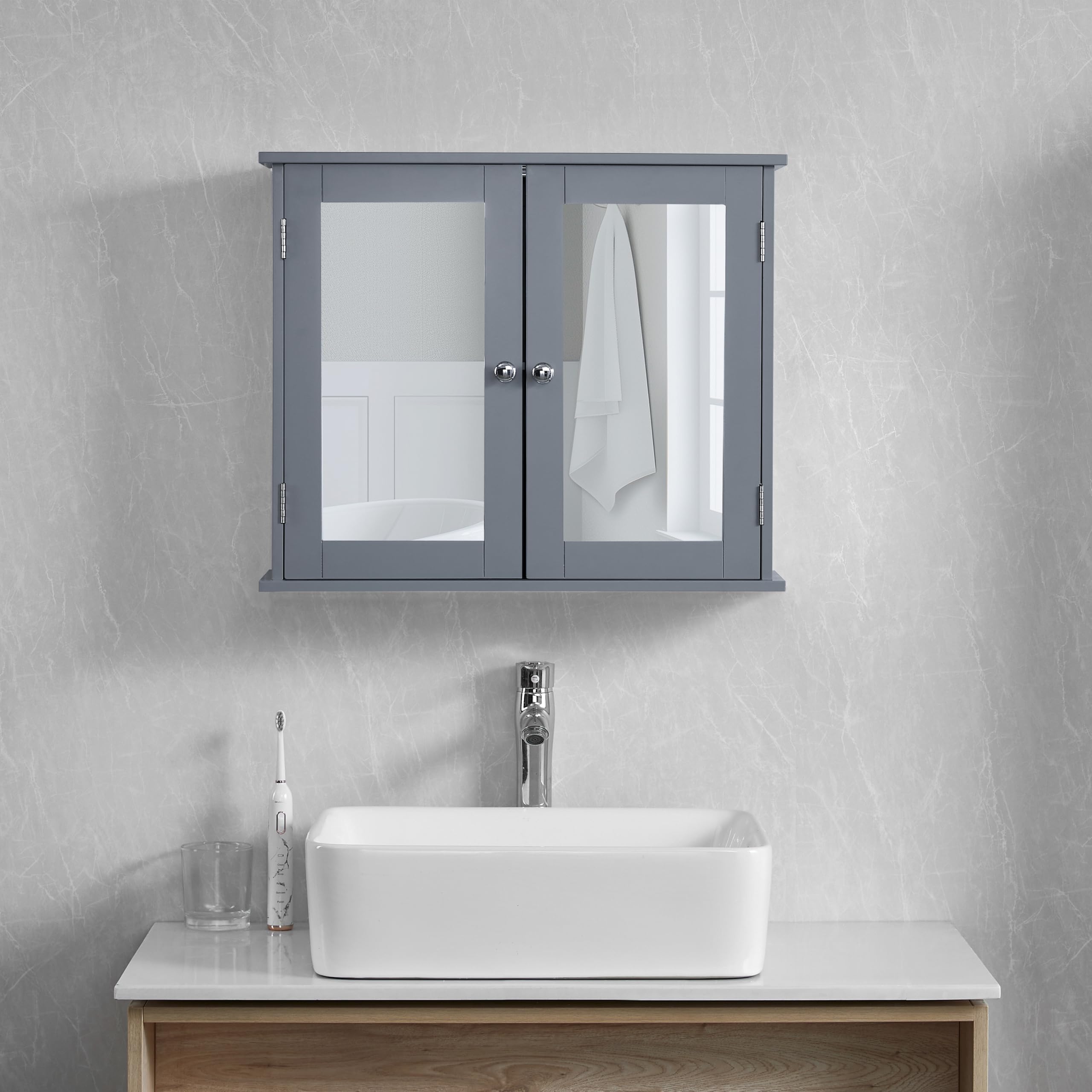 Bath Vida Priano 2 Door Bathroom Wall Cabinet | Grey | Space-Saving Storage | 60H x 60W x 15D cm | Adjustable Shelf | Modern Wooden Cupboard Unit