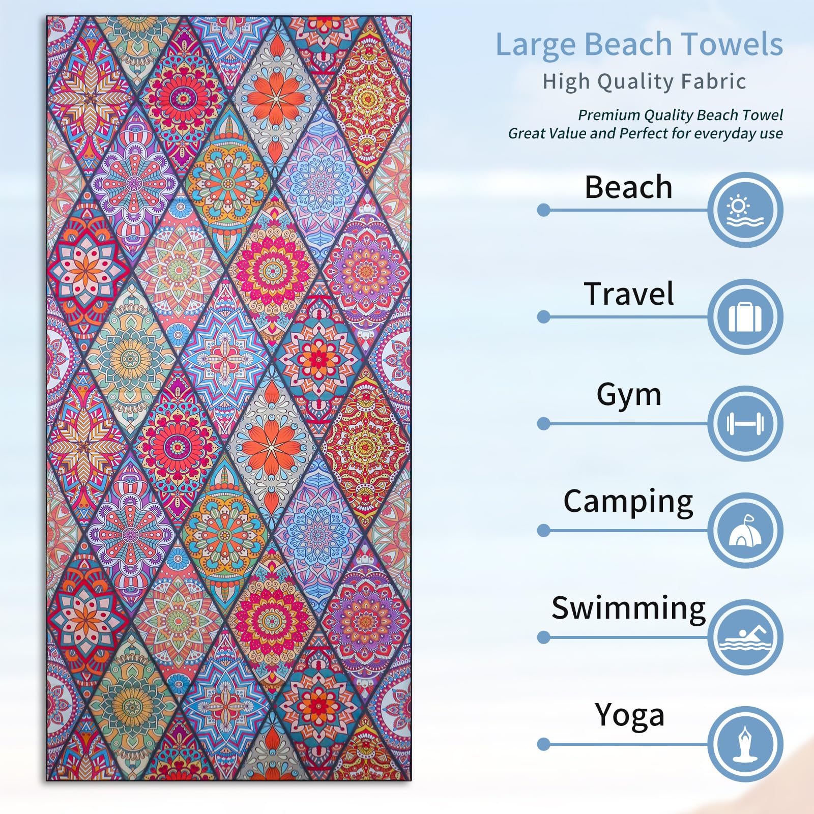 Vorvowry Microfibre Beach Towels for Adults Women Men Extra Large Lightweight Quick Dry Sand Free Travel Towel Double Sided Printing for Swim Sports