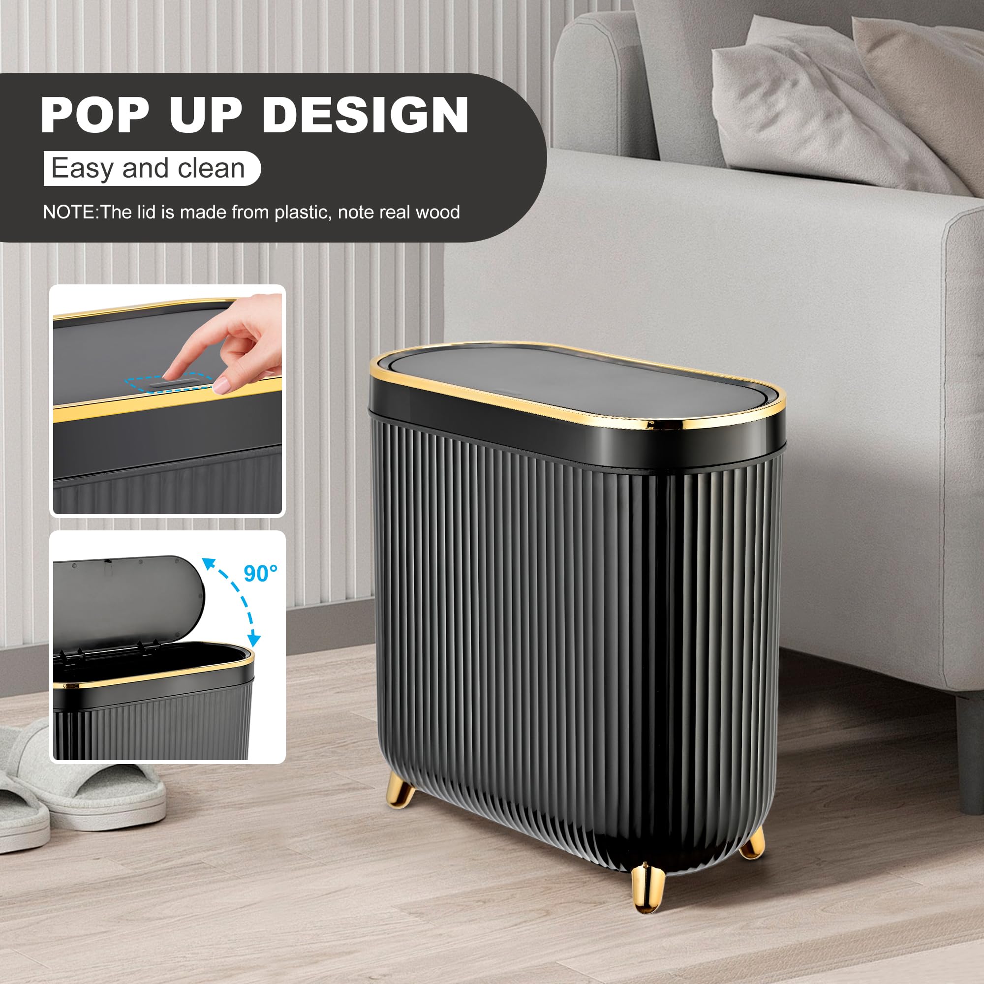 SULIFEEL Bathroom Trash Can with Lid, 3.2 Gallon/12L Black