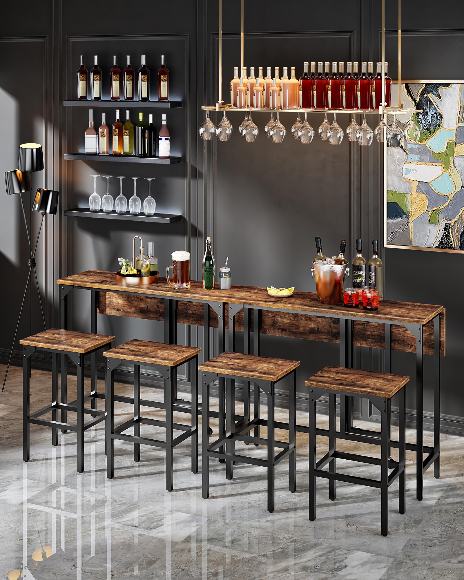 CHOEZON Breakfast Bar Table with 2 Bar Stools, 100 cm Folding Dining Table with 2 Stools, Dining Table Set, Industrial Steel Frame, for Restaurant