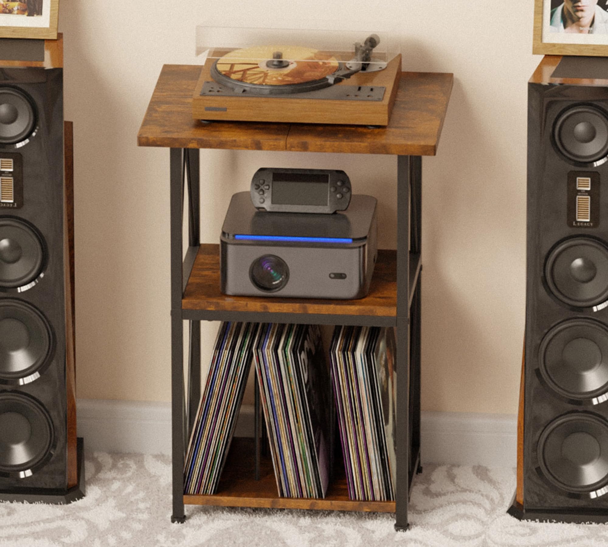 Upgraded Expanded Surface Record Player Stand, 3 Tier End Table with Vinyl Record Storage, 50x40cm Record Player Table