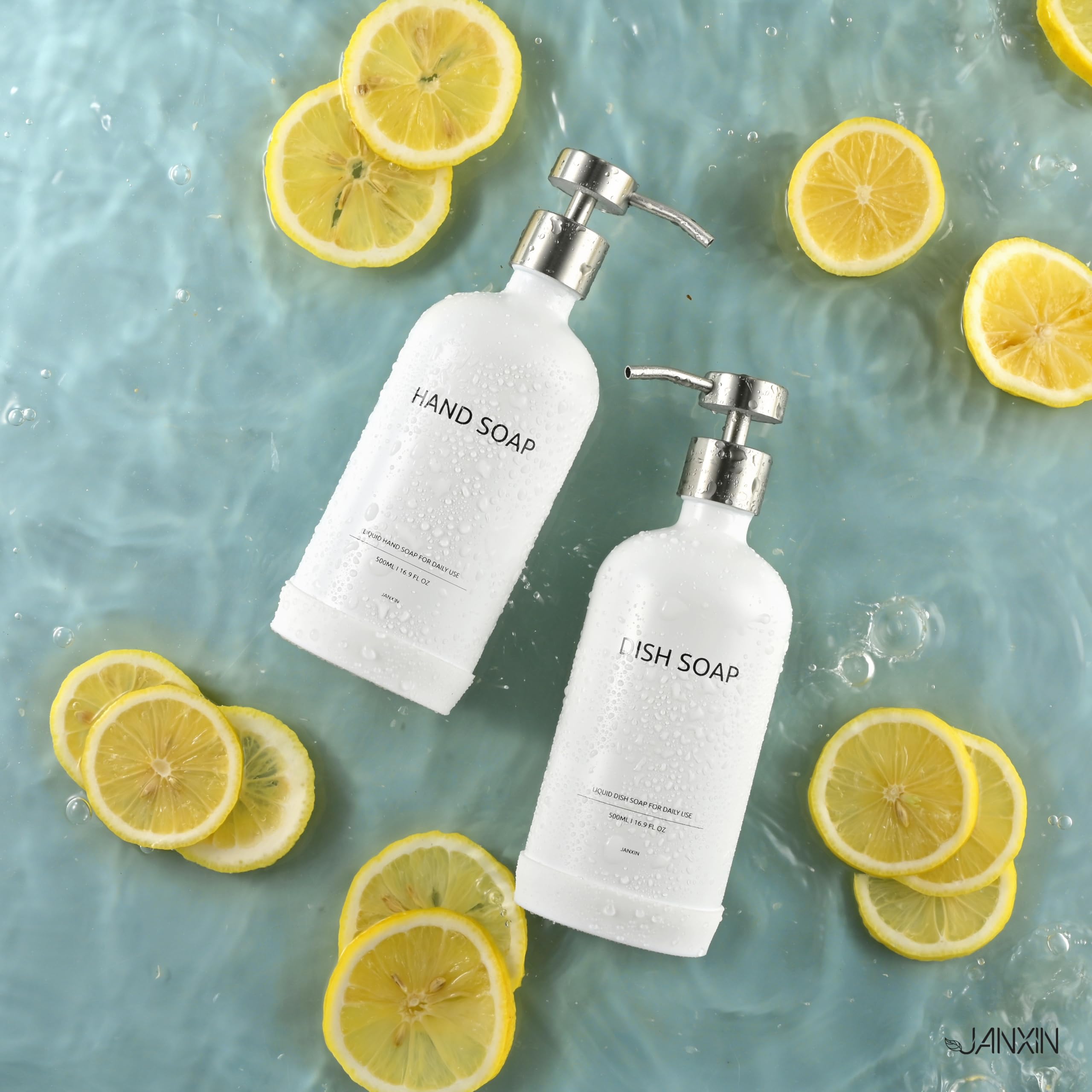 Janxin 2pcs Refillable Liquid Hand Jar Dispenser for Bathroom, Glass Soap Dispenser Bottle with Pump, 500ML, With Ceramic Tray