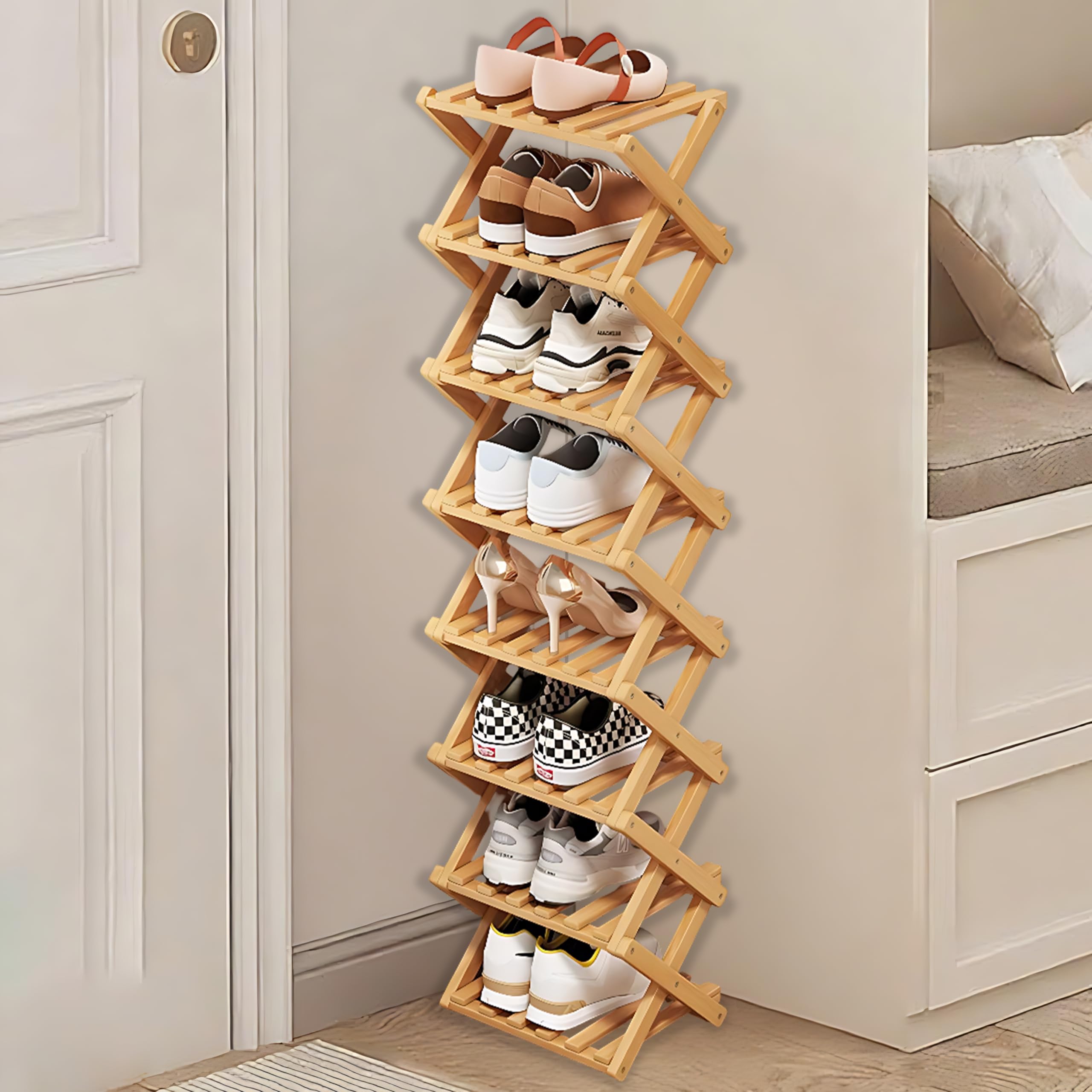 Kiss Me 8-Tier Bamboo Foldable Shoe Rack Vertical Narrow