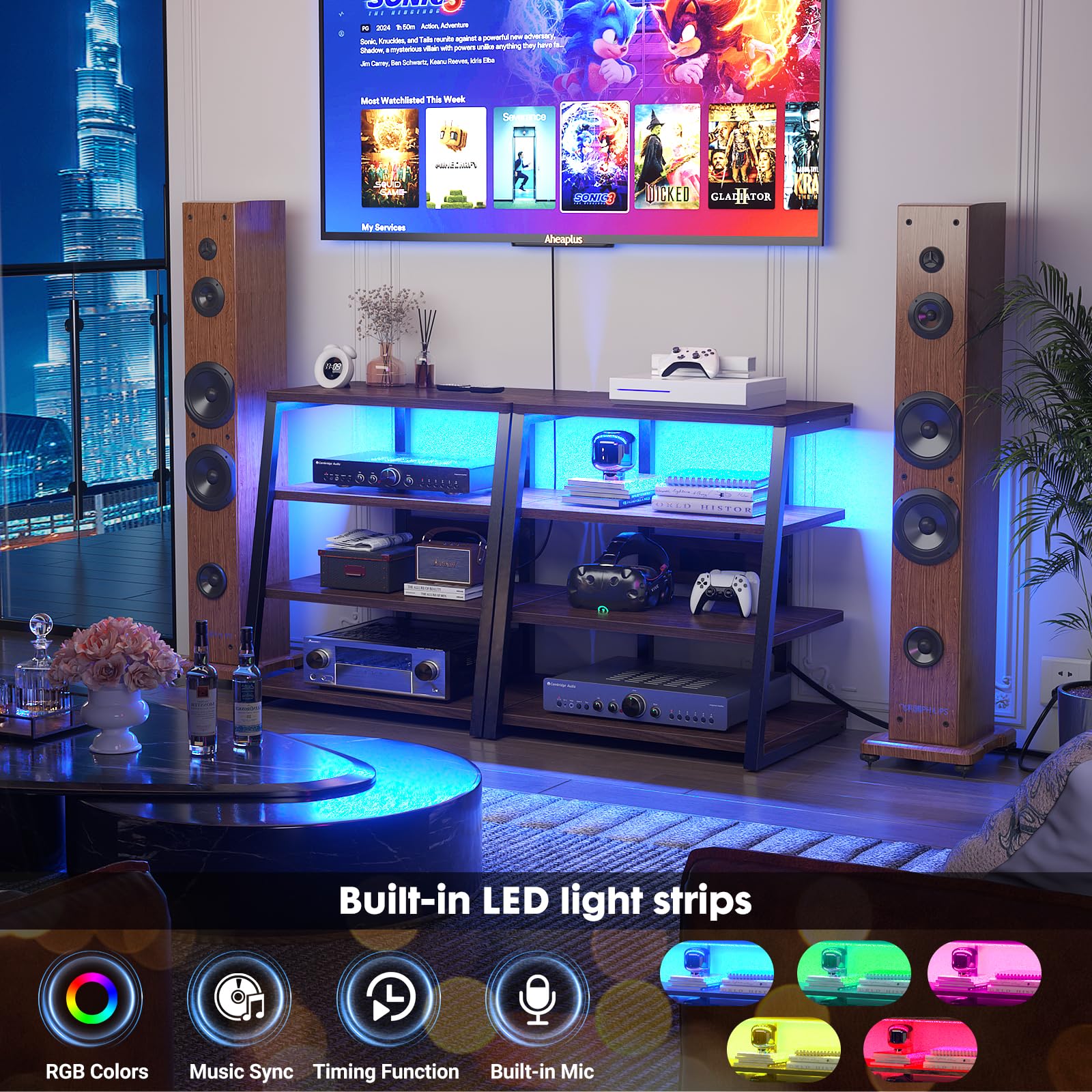 iSunirm AV Media Stand with Outlets, 4-Tier Media Console with LED Lights, Record Player Stand With Storage Shelves