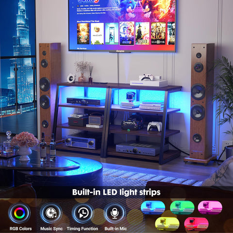 iSunirm AV Media Stand with Outlets, 4-Tier Media Console with LED Lights, Record Player Stand With Storage Shelves