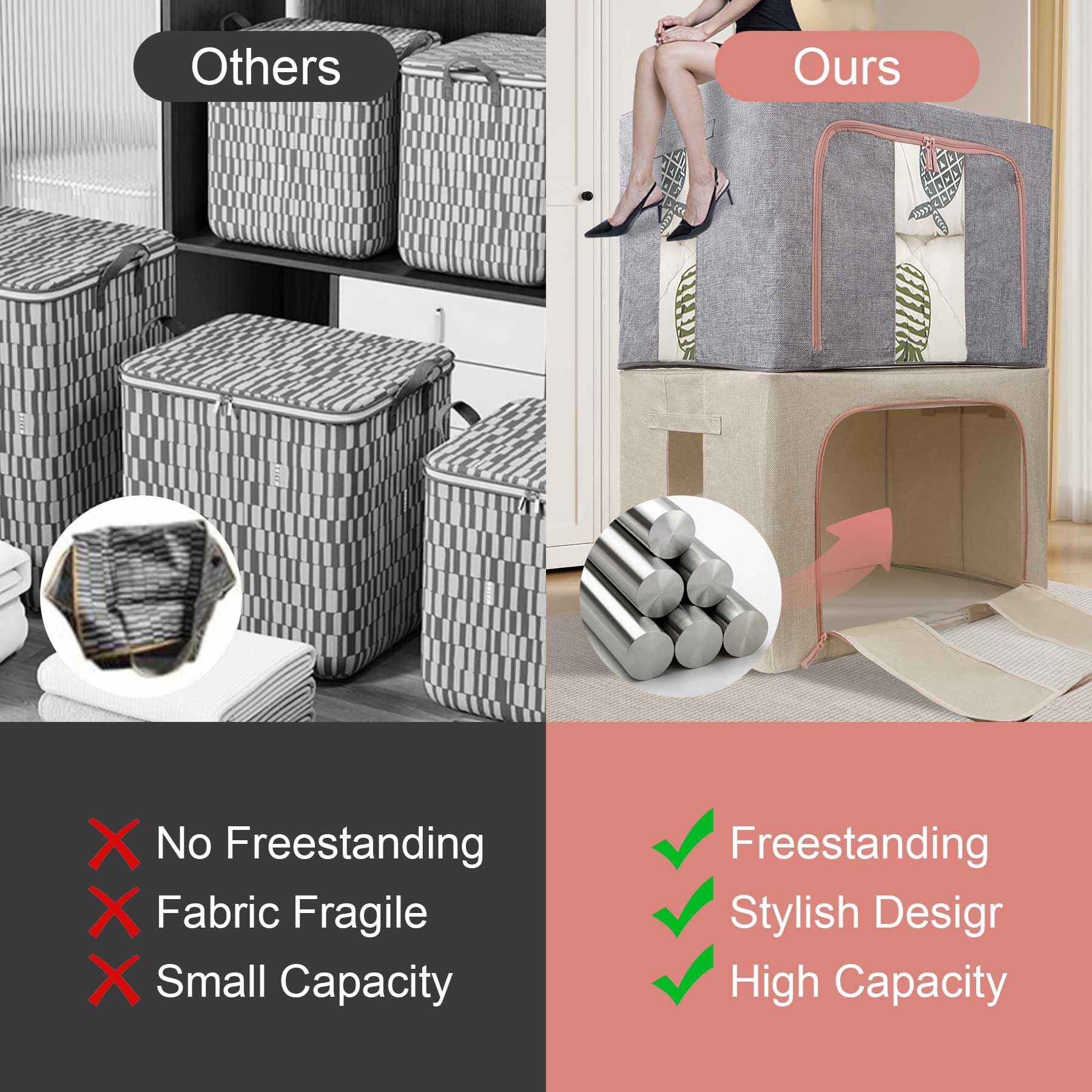 DAWNTREES 4 Pack 66L Collapsible Storage Boxes for Clothes, Grey