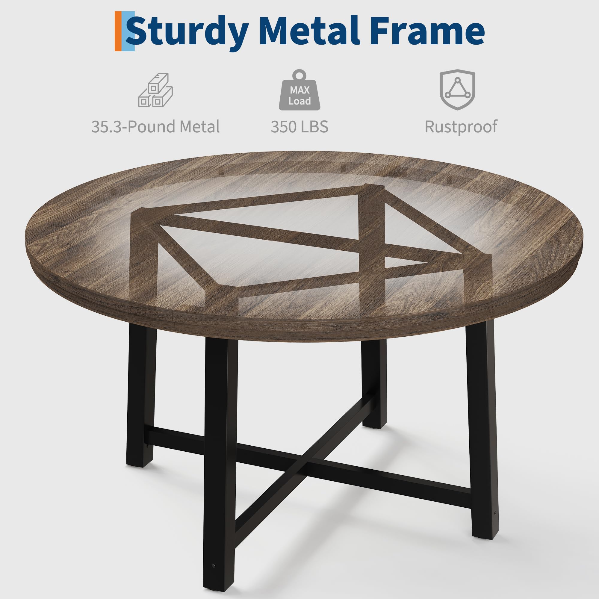 47 in Round Dining Table, Industrial Dinner Table for 4 to 6, Wooden Kitchen Table with Sturdy Metal Frame & Rustic Light Oak Finish