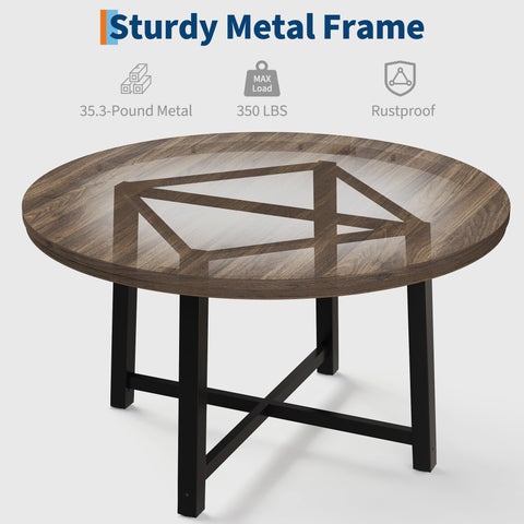 47 in Round Dining Table, Industrial Dinner Table for 4 to 6, Wooden Kitchen Table with Sturdy Metal Frame & Rustic Light Oak Finish