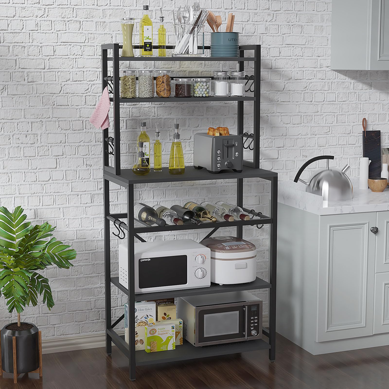 YMYNY Kitchen Baker's Rack, Microwave Oven Stand with Storage Shelves, Industrial Coffee Bar Station, with Adjustable Wine Holders and 12 S-Hooks
