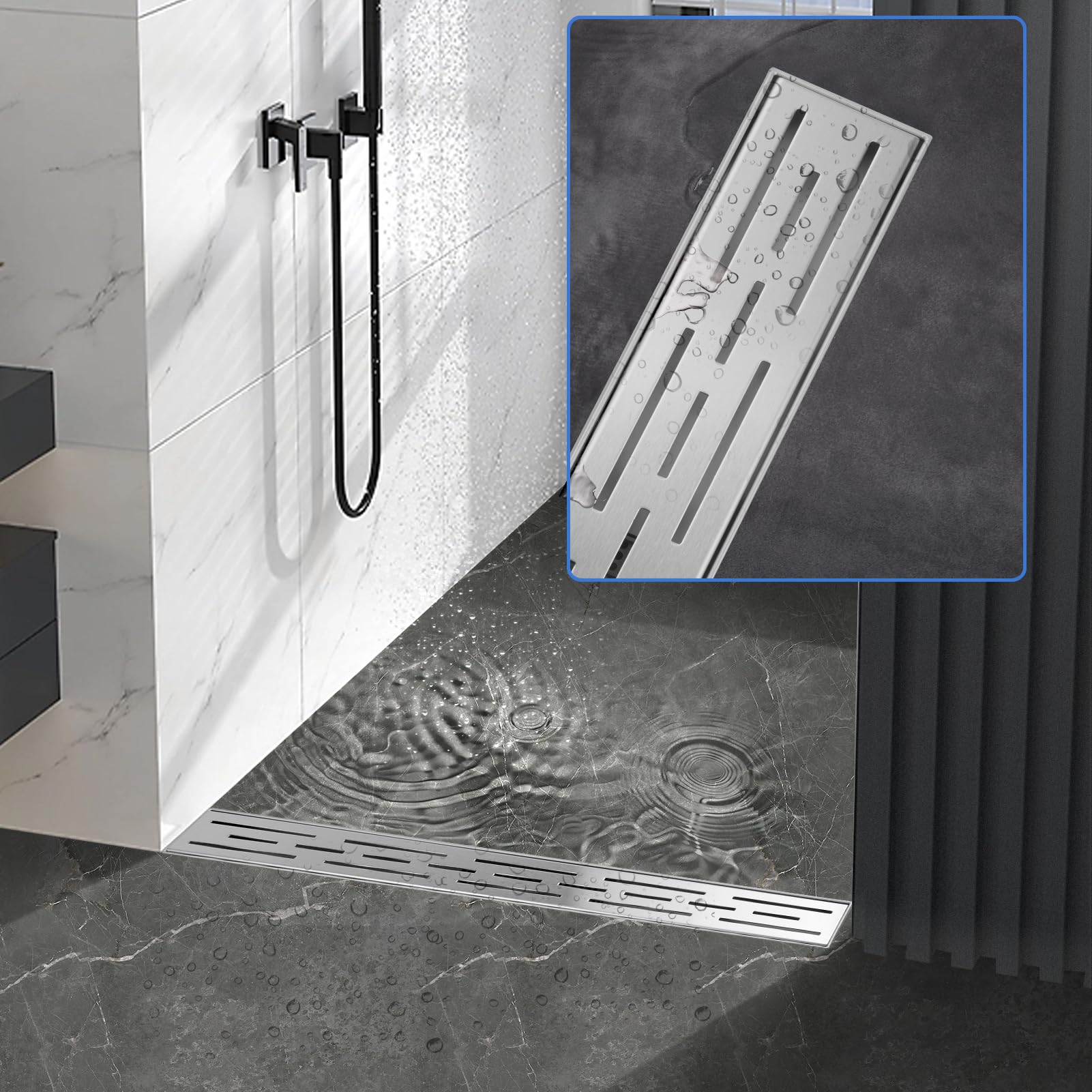 iYueMps Linear Shower Drain 600mm Stainless Steel Invisible Floor Drain