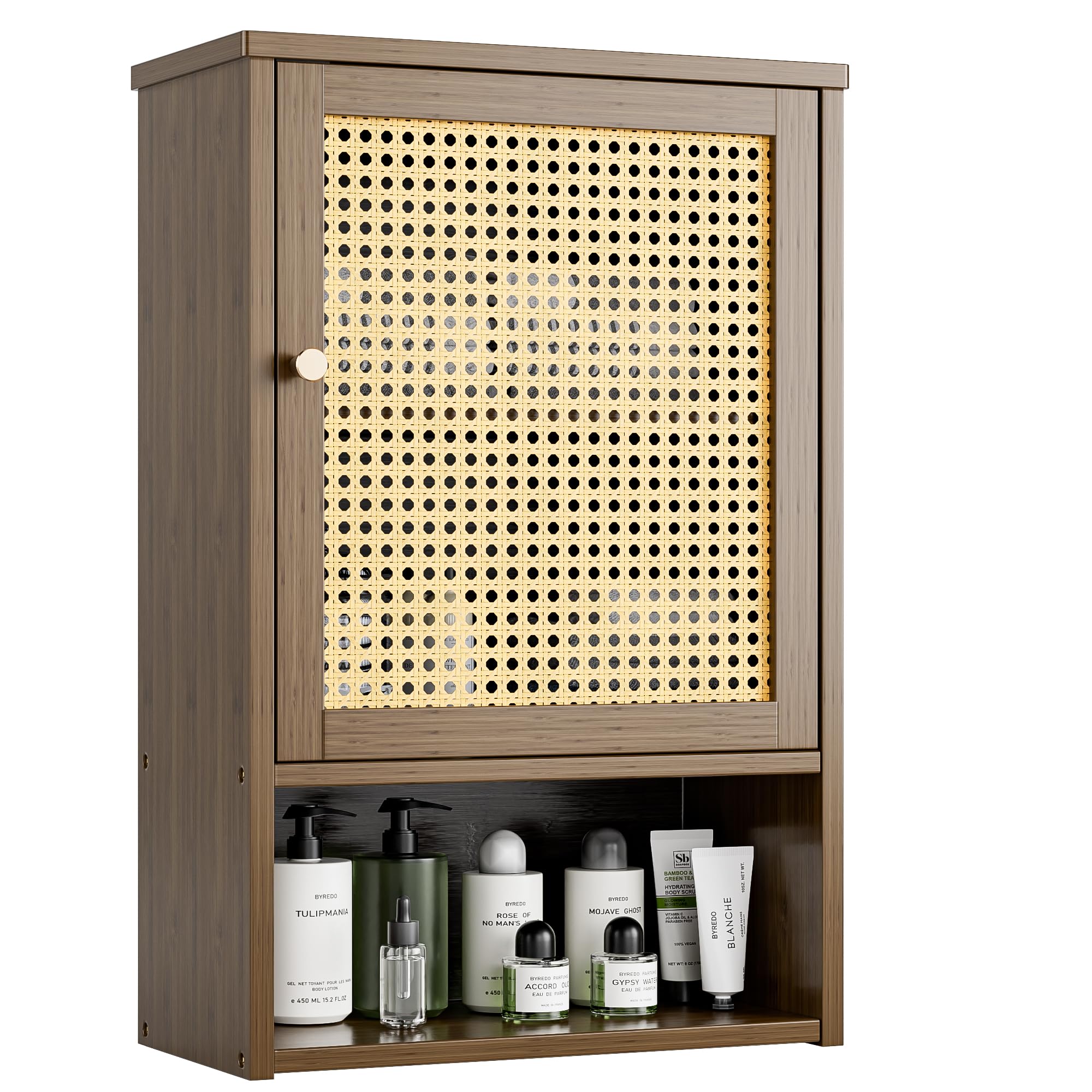 vovala Bathroom Wall Cabinet, Bamboo Over-The-Toilet Storage Organizer with Rattan Doors and Adjustable Shelf