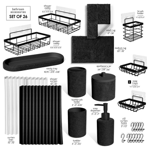 Clara Clark Black Bathroom Set - Bathroom Sets with Shower Curtain and Rugs, 26PC Bathroom Accessory Set
