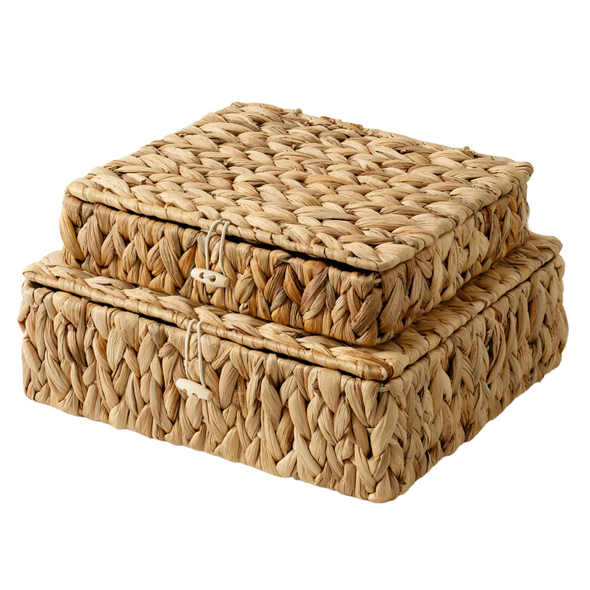 StorageWorks Wicker Storage Baskets with Lids, Flat Water Hyacinth Storage Boxes with Lids, Handmade Storage Boxes with Lids