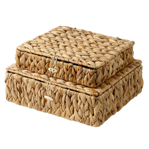 StorageWorks Wicker Storage Baskets with Lids, Flat Water Hyacinth Storage Boxes with Lids, Handmade Storage Boxes with Lids