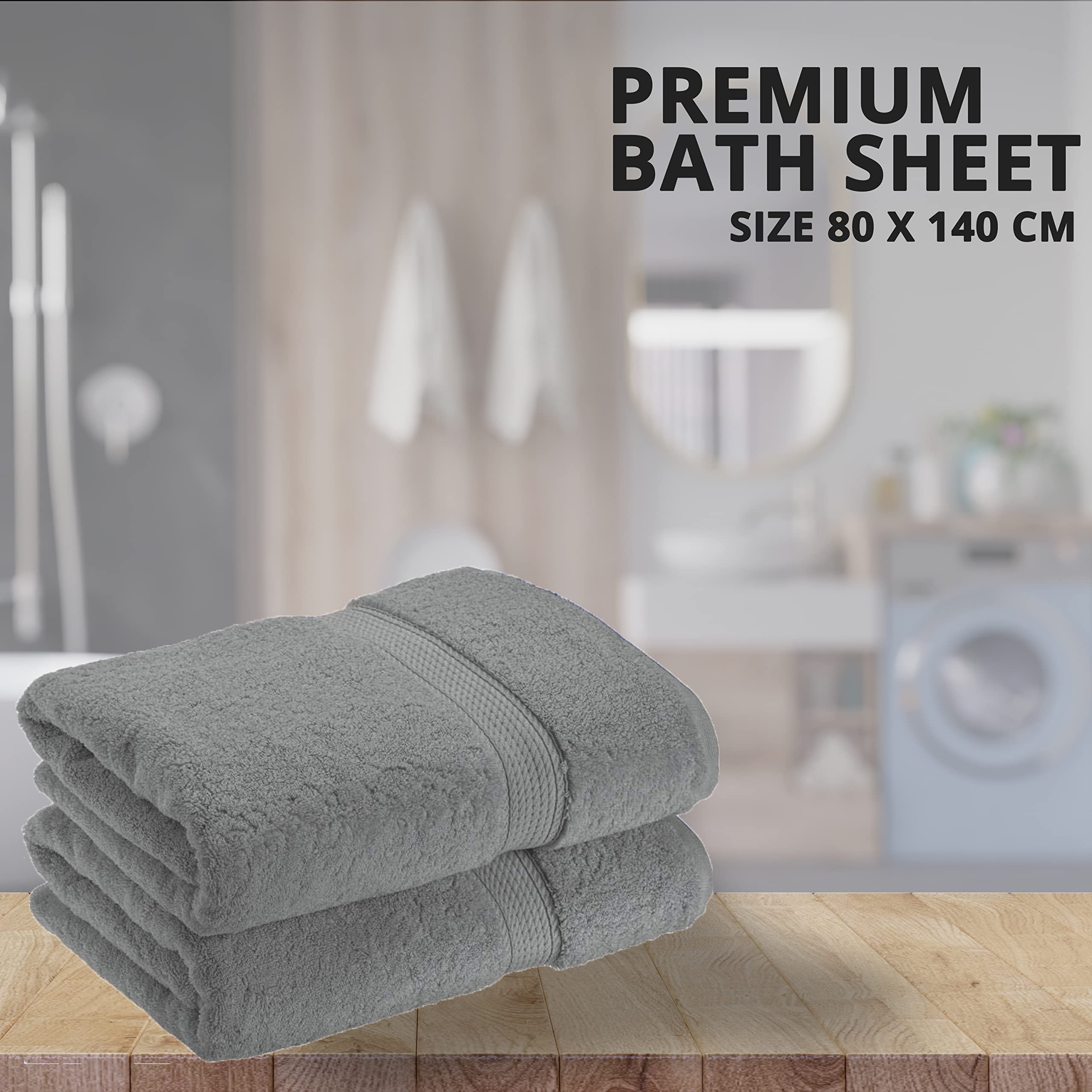 2 x Super Large Bath Sheets Towels (80 x 140cm)100% Egyptian Cotton 600 GSM Mint Grey(Grey)