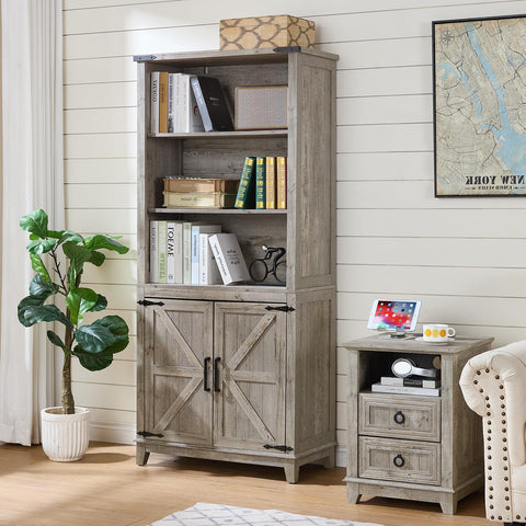 LELELINKY 70in Tall Bookshelf 5 Tier Bookcase with Barn Doors and Adjustable Shelves, Oak Farmhouse Book Shelf with Storage Cabinet