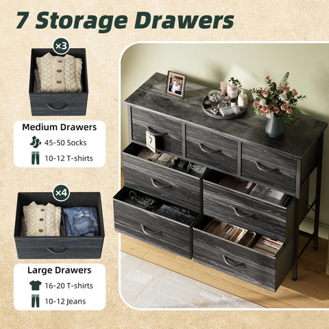 CAIYUN Chest of Drawers for Bedroom with 7 Drawers, Fabric Storage Drawer, Tall White Hallway Storage Unit, Charcoal Black
