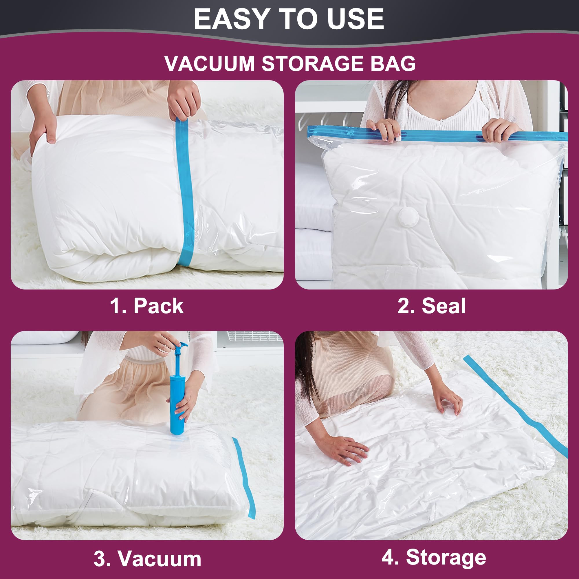 Oumaru Vacuum Storage Bags for Clothes, Vacuum Bags, Space Saver Bags for Clothes, Duvets and Pillows, Hand Pump Included, Pack of 10, Medium Size