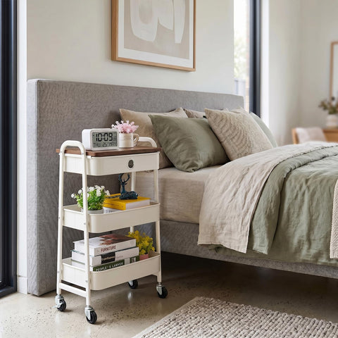 DOEWORKS Storage Trolley on Wheels Metal 3-Tier Rolling Trolley with Drawer