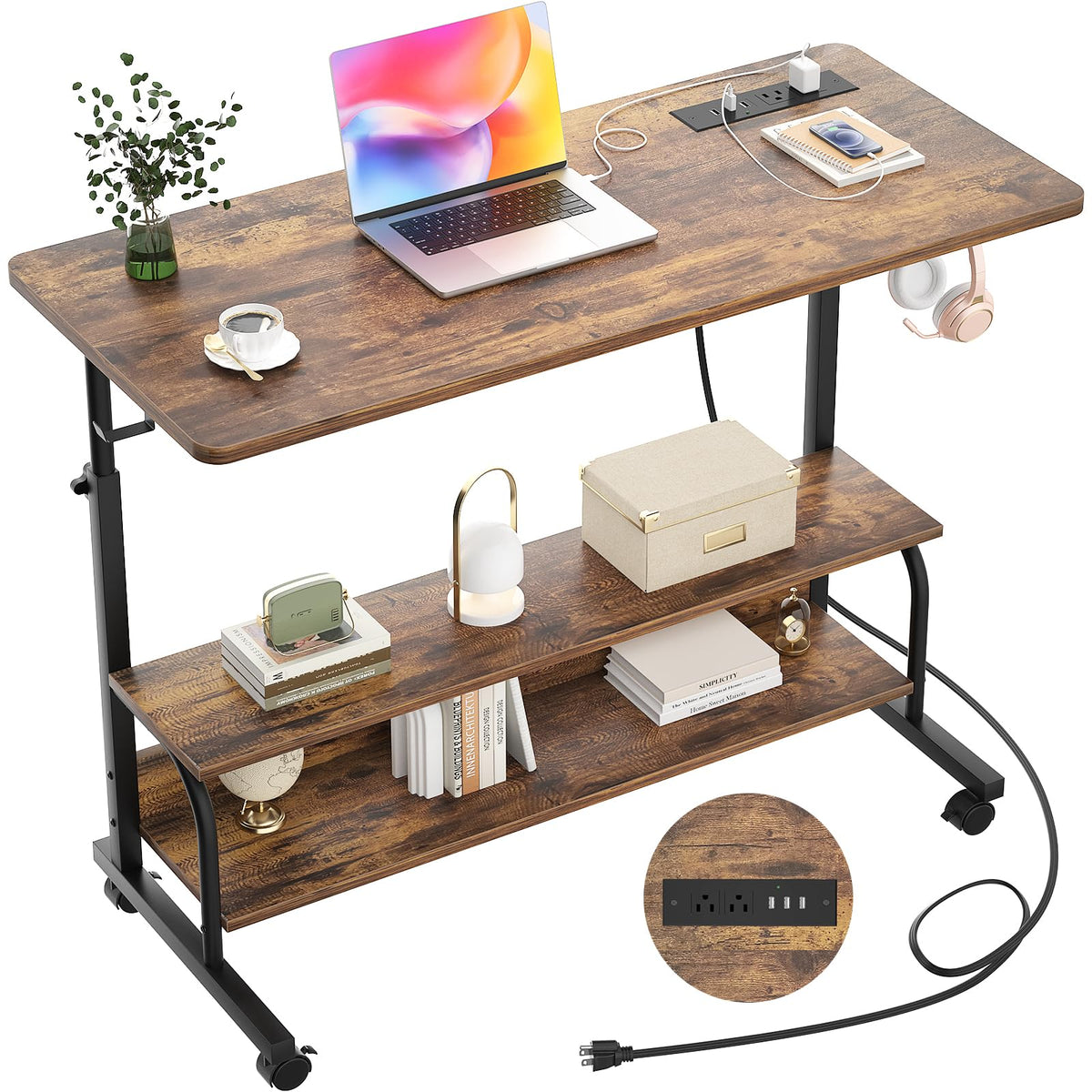 iSunirm Rolling Standing Desk with UK Power Outlets & USB, Height Adjustable Desk on Wheels, Small Portable Desk for Home Office