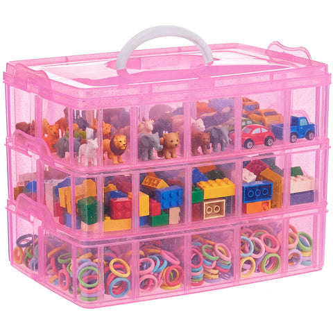 SGHUO 3-Tier Pink Craft Storage Container Box, Stackable Organizer Box with Dividers for Art Supplies, Beads, Washi Tapes, Seed, Hair Accessories