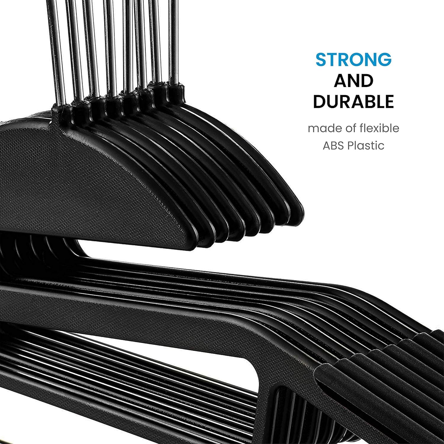 DrySmart Pack of 10 Heavy Duty Black Coat Hangers, 0.5cm Thick, S-Shaped Opening, Non-Slip Plastic Clothes Hanger Space Saving Slim Design
