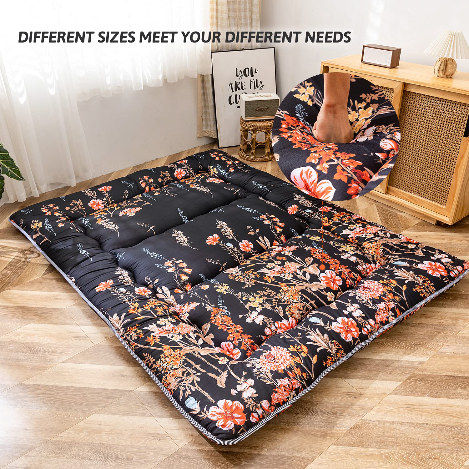 MAXYOYO Japanese Floor Futon Mattress, Thicken Tatami Mat Sleeping Pad Foldable Roll Up Mattress Dormitory Mattress Pad Floor Lounger Pillow Bed
