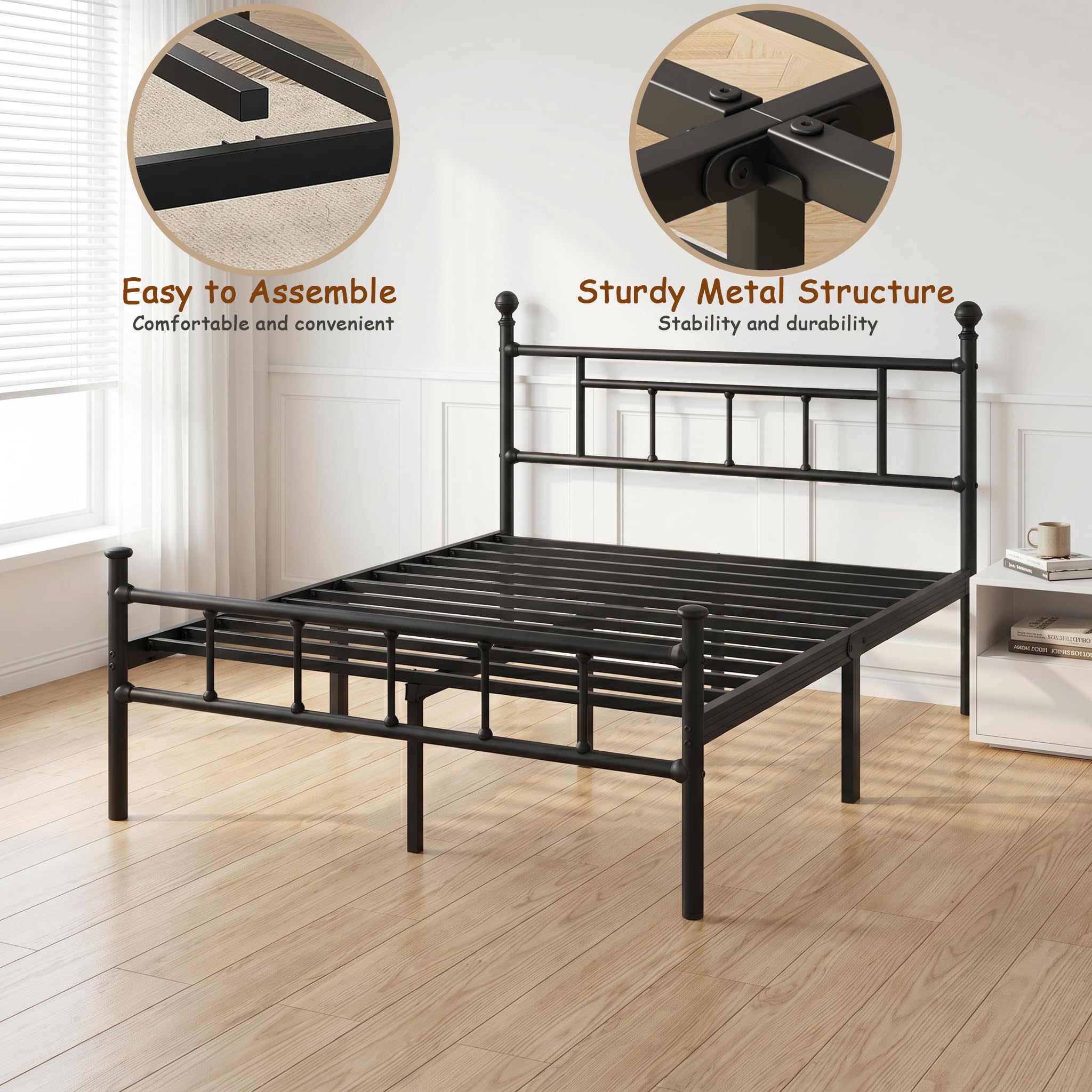 APEXTELLA HOME Bed Frame Double Bed Modern Style with Headboard and Footboard Black Metal Slat Support and 42cm Underbed Storage Space Easy Assembly