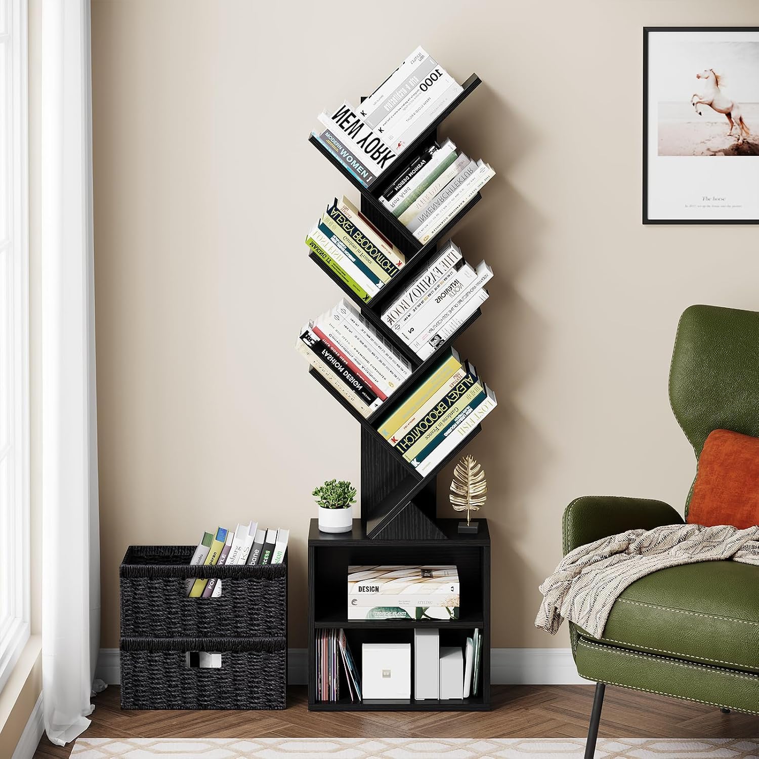 Vagusicc 6 Tier Tree Bookshelf, Modern Floor Standing Bookcase with Storage Drawer, Space Saving Storage Organizer Book Shelves for Books
