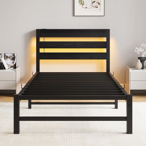 VERFARM 3ft Single Bed Frame with Charging Station and LED Lights, Heavy Duty Metal Platform Single 90x190 cm Bed Frame with Wood Storage Headboard