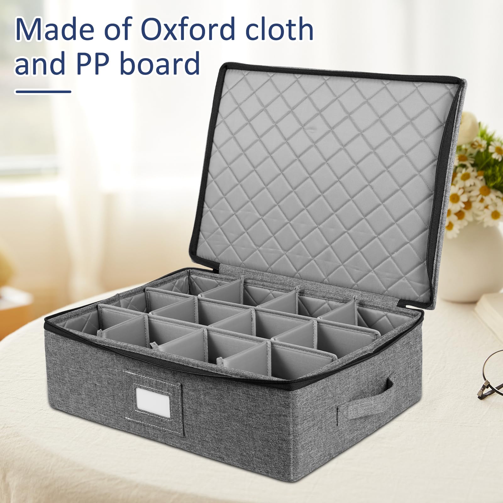 GWCYMYD Cup and Mug Storage Box with Dividers, Foldable Tea Cup Storage Box with Handles and Zipper Lid, Holds 12 Glassware Cups for Moving, Packing