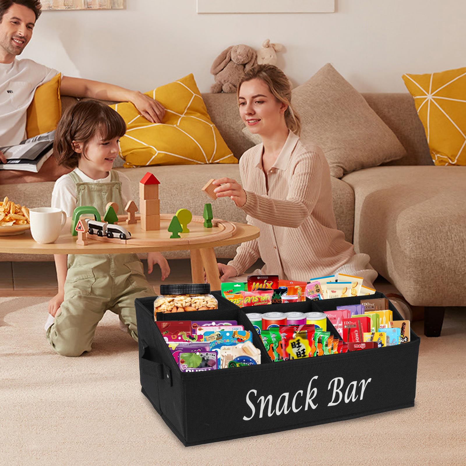 Xbopetda Snack Box Container, 6-Compartment Tray with Handles, Food Storage Organizer Bins, Trapezoid Snack Basket, Pantry Storage Station, Black