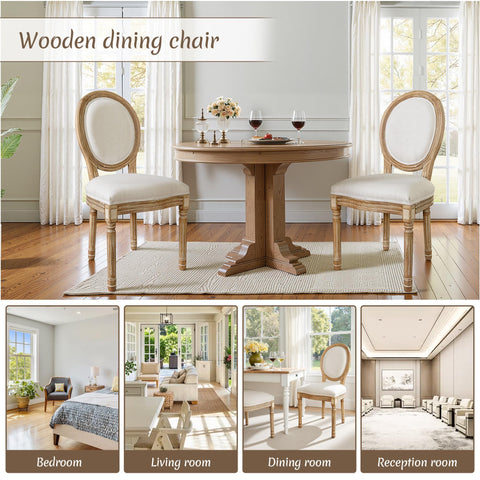 BonVache Cream Dining Chairs Set of 2, Upholstered Linen Vanity Chair with Oval Birch Backrest