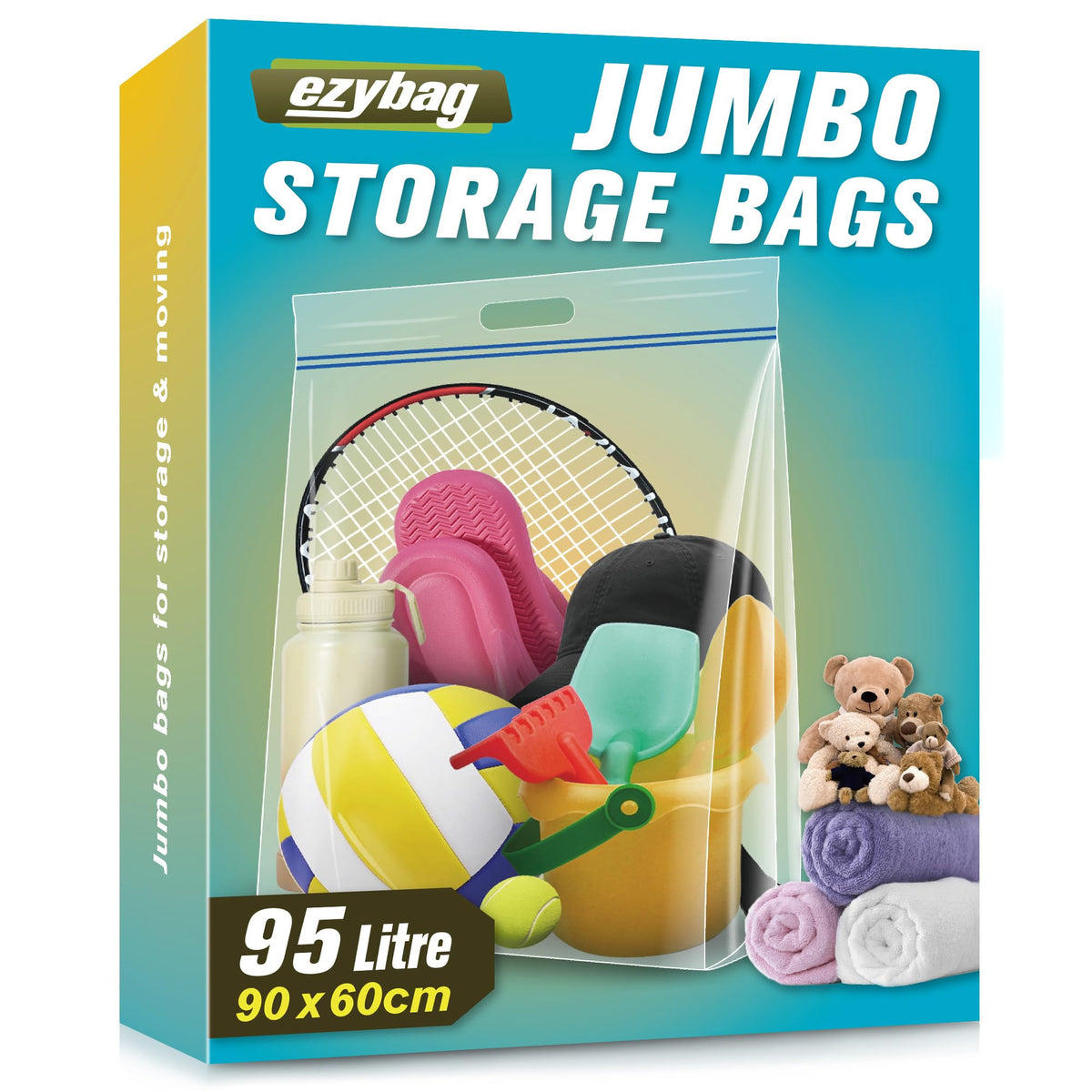 Ezybag 95 Litre Jumbo Storage Bags, Resealable Clear Bags with Handle, Extra Large XL Heavy Duty Storage Bags for Pillows Clothes Travel Moving