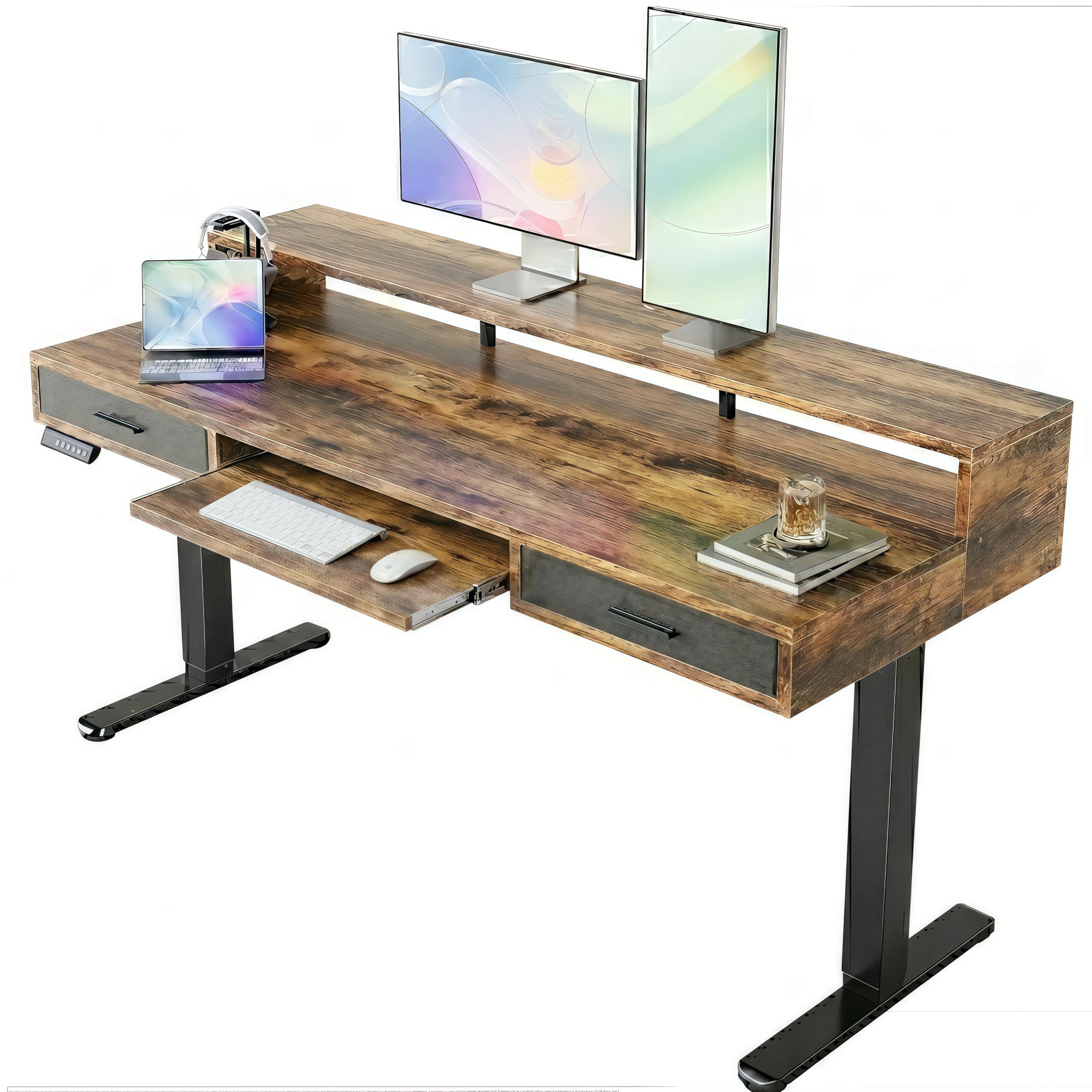 HUANUO 140 x 66cm Standing Desk with Drawers & 64cm Large Keyboard Tray, Electric Standing Desk with 4 Memory Height Settings for Home Office