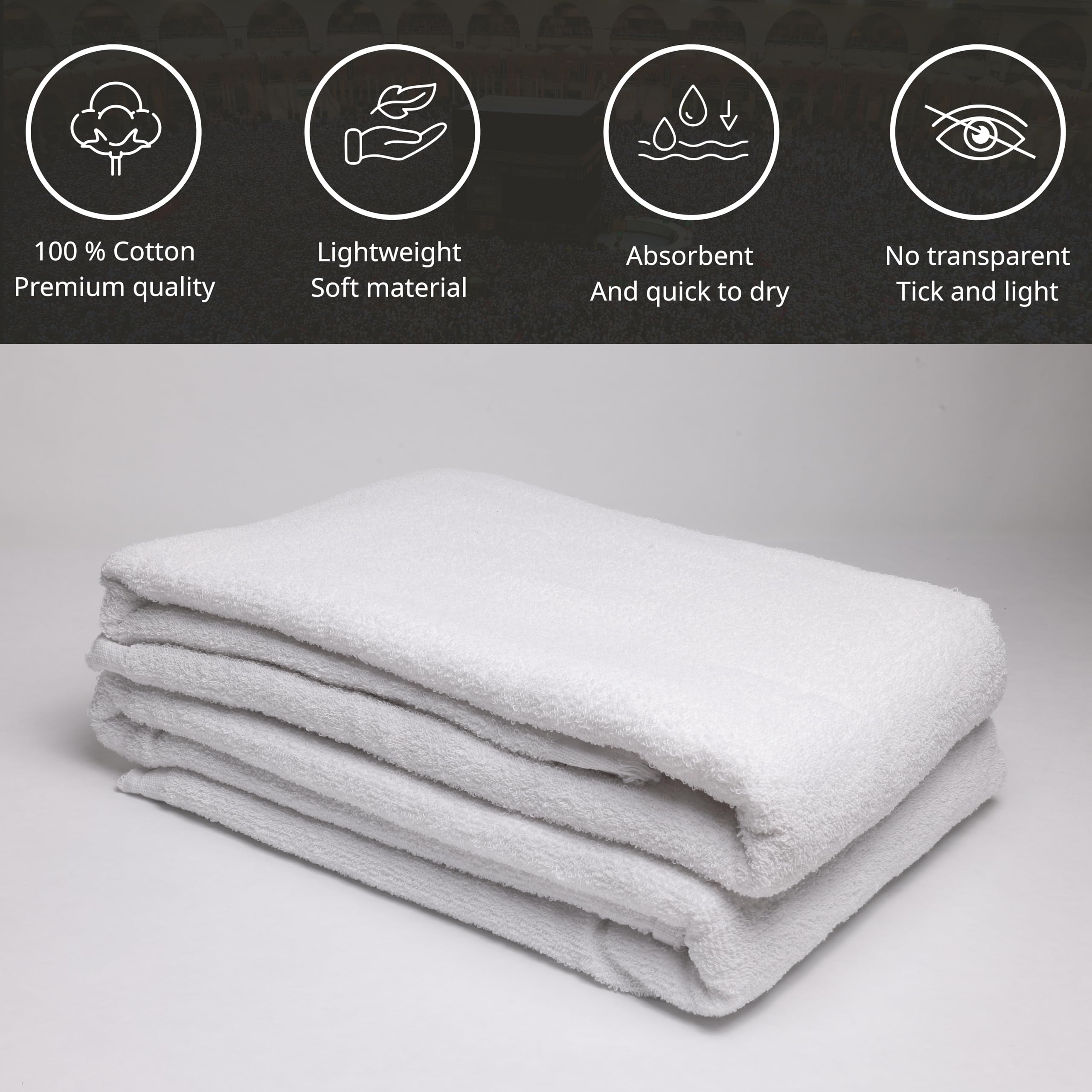 Ihram Hajj and Omra Adult 1350grame - Set of 2 Thick White Towels - 110 x 220 cm - Made from 100% Natural Cotton of Turkish Origin