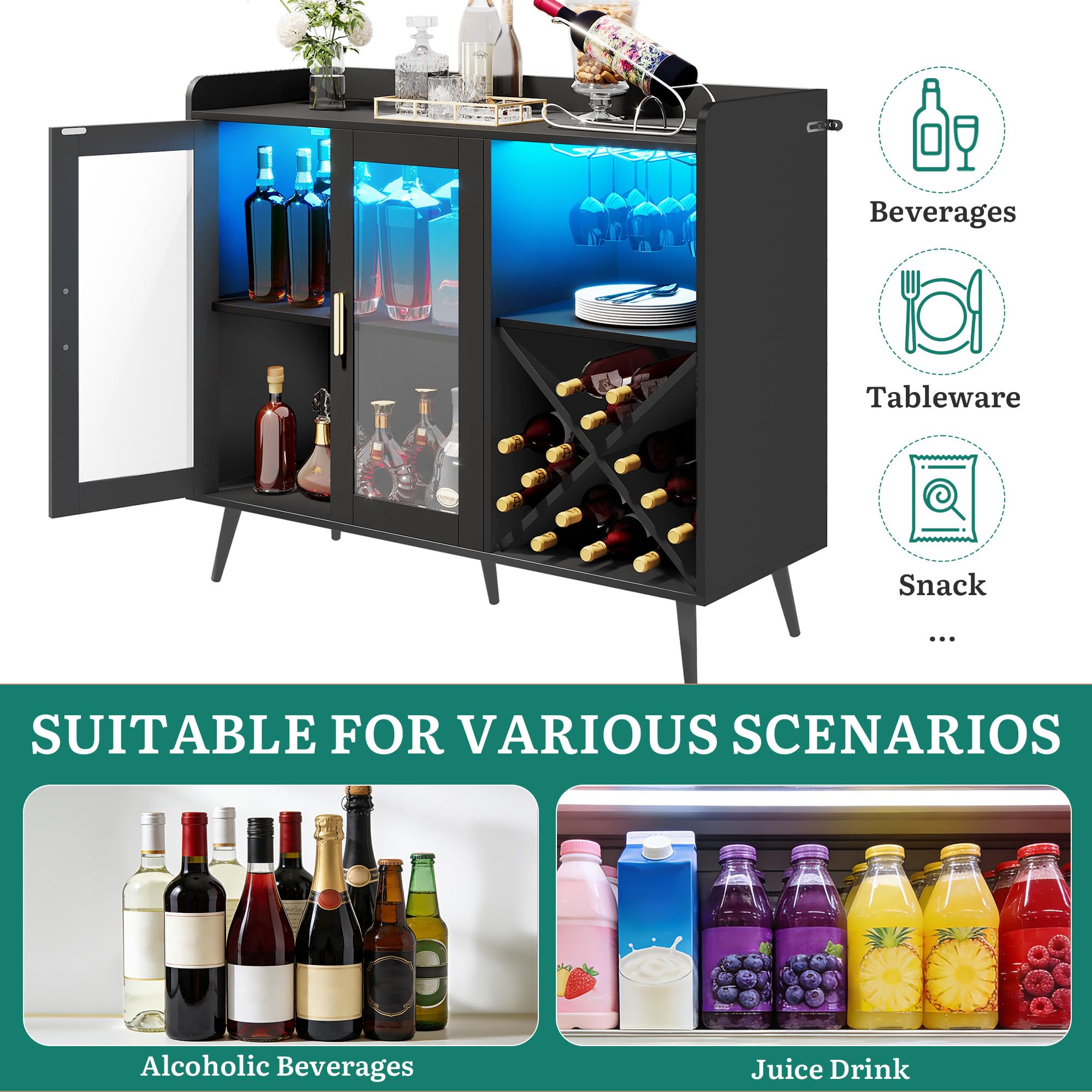 YITAHOME Bar Cabinet with Adjustable LED Lights, Coffee Bar with Wine Rack & Hooks & Acrylic Door Cabinet