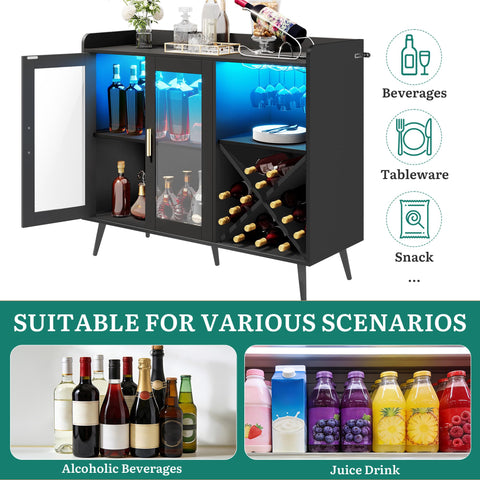 YITAHOME Bar Cabinet with Adjustable LED Lights, Coffee Bar with Wine Rack & Hooks & Acrylic Door Cabinet