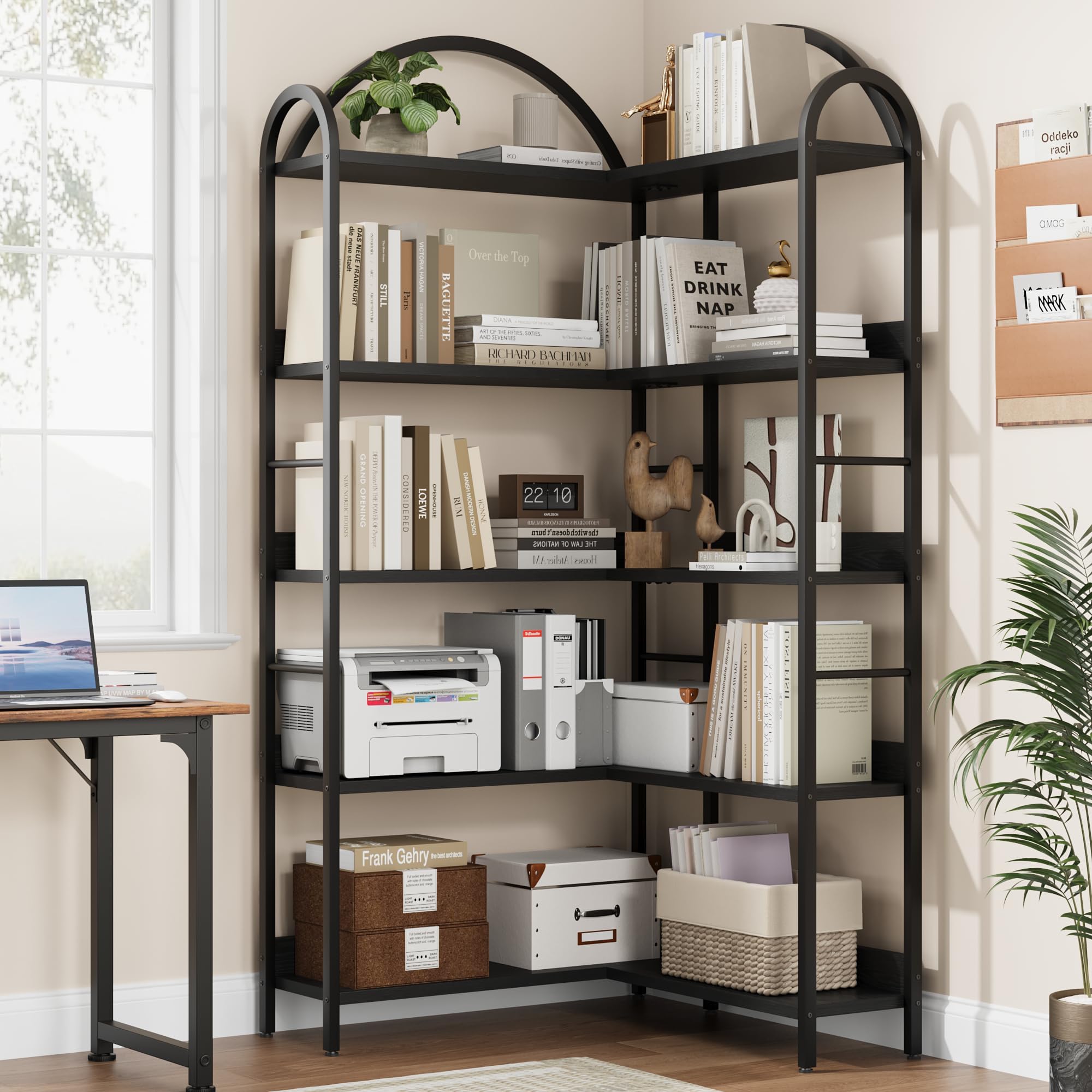 Crevyteg 68.5" Arched Industrial Corner Bookcase - 5-Tier Large Bookshelf with Wood Shelves and Metal Frame - Modern Storage Display for Home Office