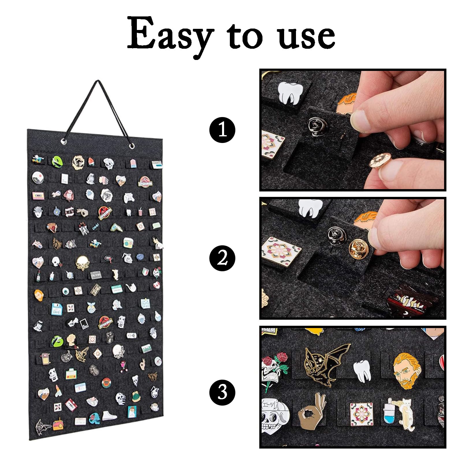 RJFUJP Pin Badge Display Canvas with Hook, 96 Slots Enamel Pin Display Board, Deep Grey Pin Badge Holder for Collecting and Showcasing Pins