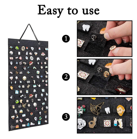 RJFUJP Pin Badge Display Canvas with Hook, 96 Slots Enamel Pin Display Board, Deep Grey Pin Badge Holder for Collecting and Showcasing Pins