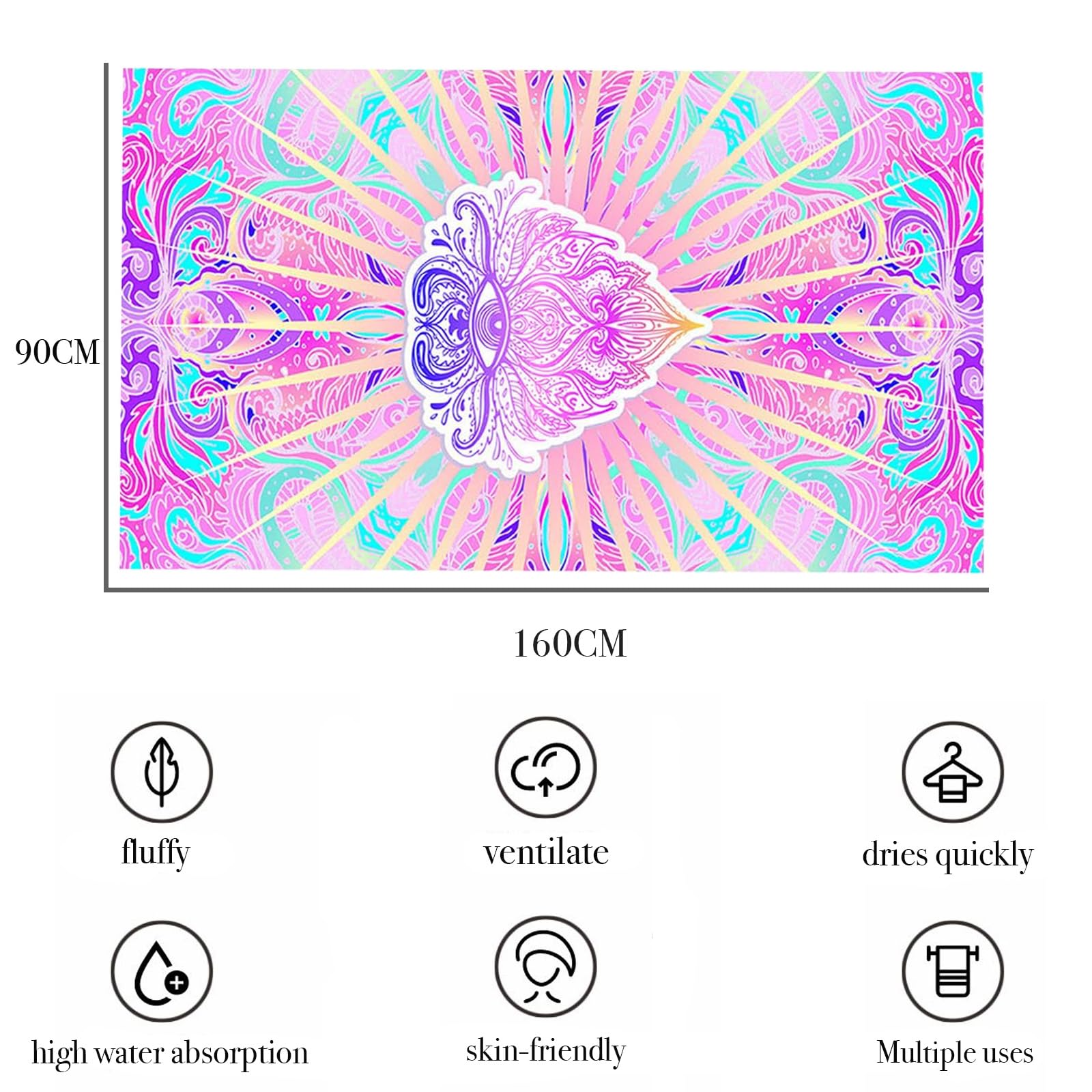 yayafunfun Large Quick Dry Microfibre Beach Towels for Adults, 160X90cm Pink Eyes Bath Towel Travel Towels with Pocket