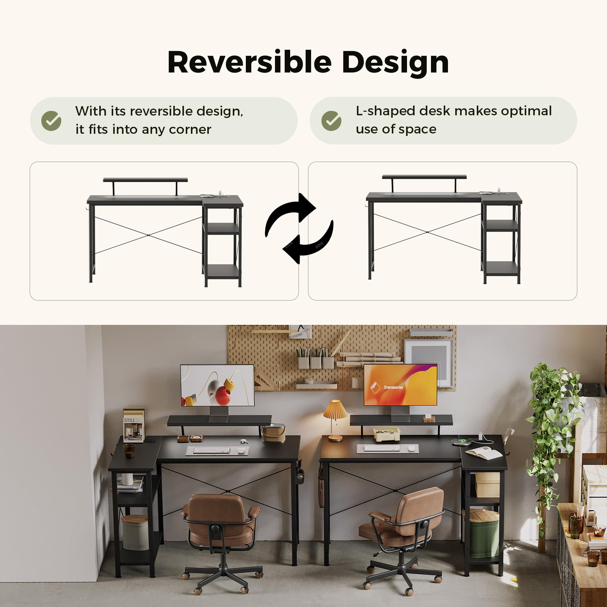 Mericonia Reversible Corner Desk, w. Led & Power Outlets, 100x70cm, Black