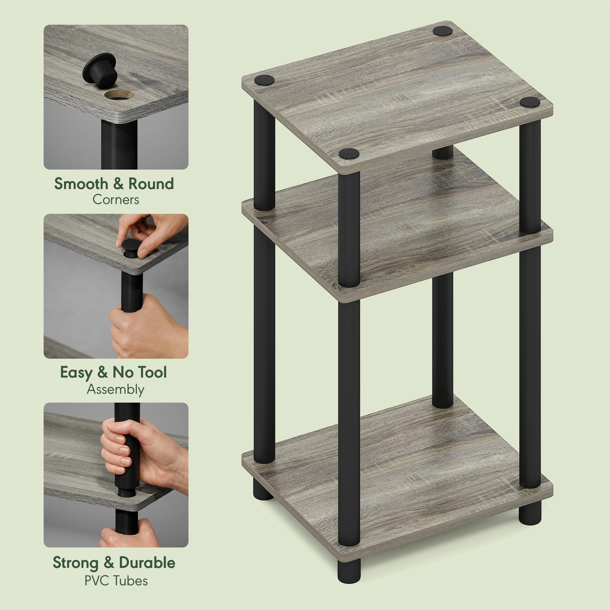 Furinno JUST Side Table, 3-Tier End Table, Open Shelves Night Stand, Bedside Table, Toolless Assembly, for Living Room, Bedroom, French Oak