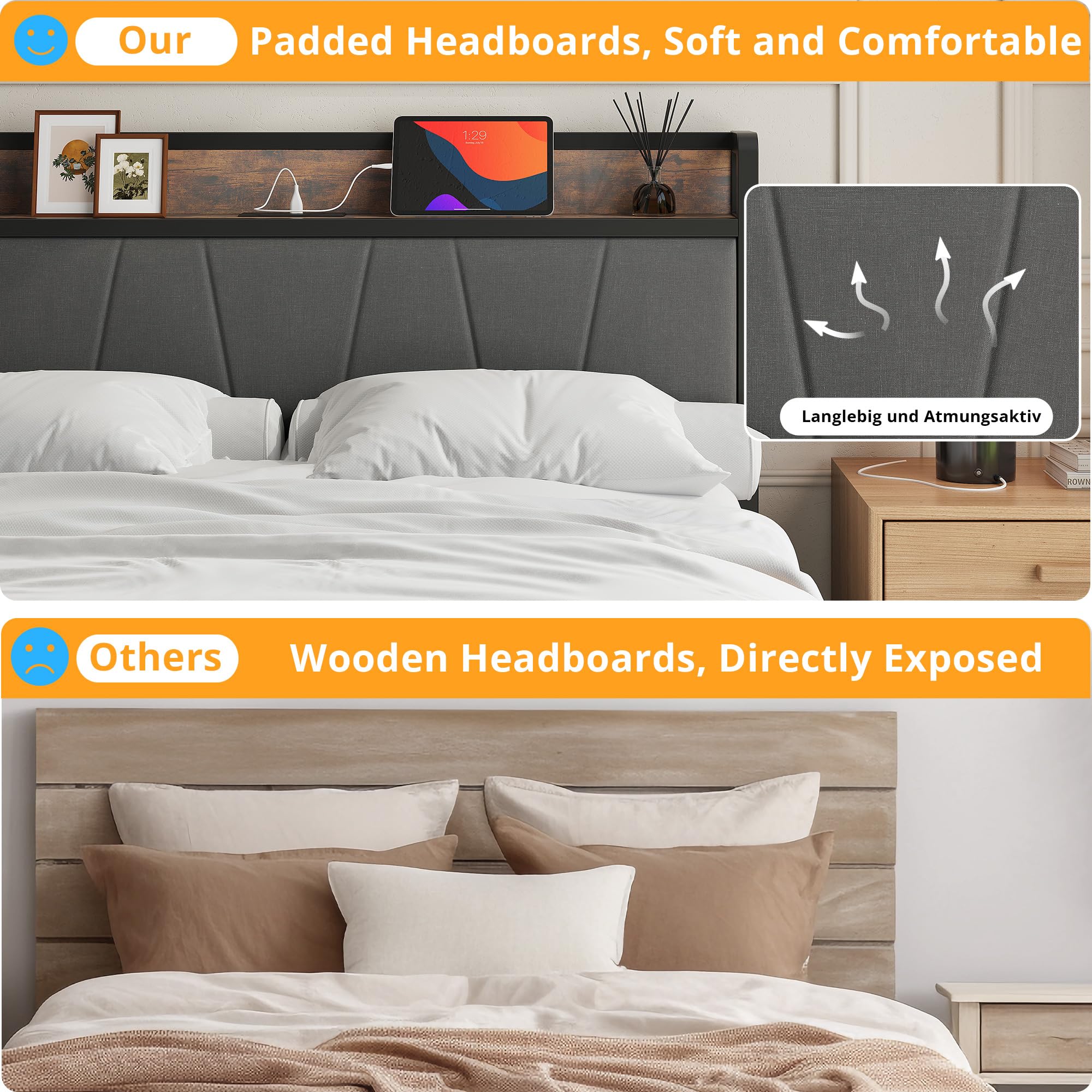 IRONCK Double Bed Frame with Storage Shelf Upholstered Headboard, Platform Bed Frame with Charging Station, Metal Bed Frame/UnderBed Storage