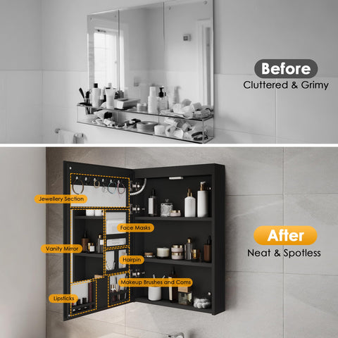 ELEGANT LED Bathroom Mirror Cabinet with Shaver Socket, Black, 485x700mm